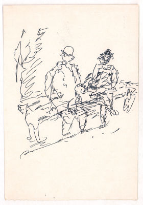 Фонвизин А.В. Беседа на лавочке. 1950-е гг. Бумага, тушь, перо. Лист 22,5х15,3 см. От 