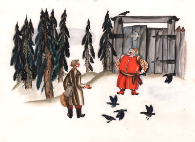 Лемкуль Ф.В. Разговор у ворот. Оригинал иллюстрации к книге "Как Василь змея одолел". 