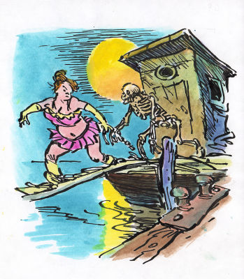 Мигунов Е.Т. Со скелетом. Иллюстрация к циклу К. Булычева "Сыщик Алиса". 1991 г. Бумага, тушь 