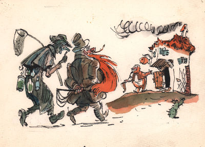 Скобелев М.А. Приятели побрели к харчевне "Трех пескарей". Иллюстрация к книге М. А. Толстого 