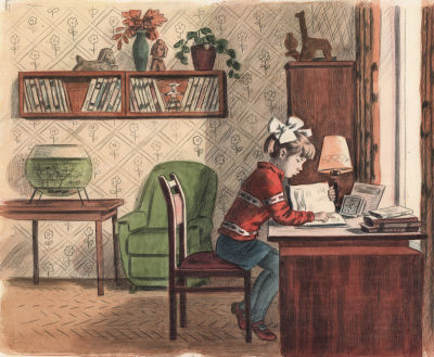 Сафиулин Х.А. За уроками. Оригинал иллюстрации к детской книге. 1970-е гг. Бумага, акварель. 