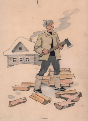 Харкевич И.И. Поработал. Оригинал иллюстрации к книге К. Высоковского "Все в снегу", Л. - 