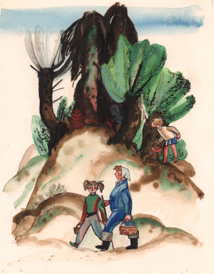 Лемкуль Ф.В. По грибы. Оригинал иллюстрации к книге И. Кршенека "Длинные уши в траве : История 