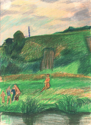 Дувидов В.А. На берегу. 1990-е гг. Бумага, восковые мелки. Лист 40,7х30 см. С левой стороны три 