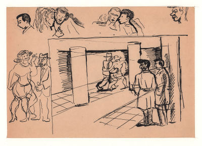 Дувидов В.А. Уличные сцены. 1950-е гг. Бумага, тушь, перо. Лист в паспарту, окно 19,8х28 см. От 