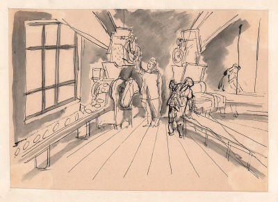 Дувидов В.А. В цеху. 1950-е гг. Бумага, тушь, перо. Лист в паспарту, окно 20х28 см. От 