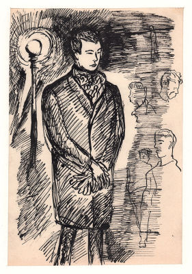 Дувидов В.А. Автопортрет в свете фонаря. 1950-е гг. Бумага, тушь, перо. Лист в паспарту, окно 