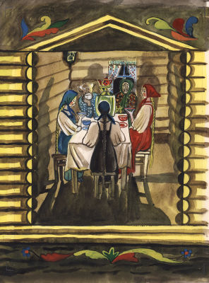 Дувидов В.А. Чаепитие. Вариант иллюстрации к книге "Солнце, месяц и Ворон Воронович". Москва, - 