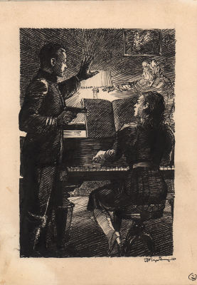 Алякринский П.А. За роялем. Оригинал иллюстрации к книге Н. Шпанова "Тайна профессора Бураго" 