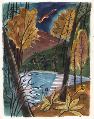 Давыдова О.А. В тайге. Оригинал иллюстрации к книге Ю. Могутина "Берег бродячих камешков" 