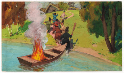 Савченко А.М. Выскочили все из лодки. Иллюстрация к кадру для диафильма "Семь Агафонов 