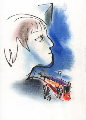 Траугот Г.А.В. Прогулка. Трамвай. Двусторонний рисунок. Бумага, тушь, пастель. Конец 1990-х гг. 