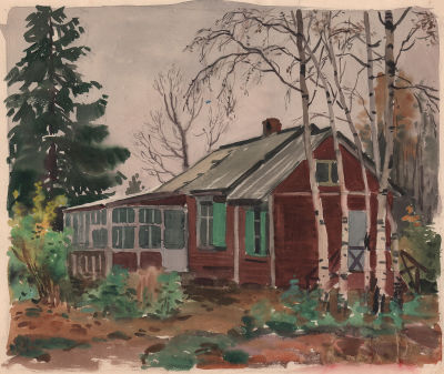 Еремина Т.А. Папина дача. 1958 г. Бумага, акварель. Лист 33х39 см. На обороте авторская надпись 