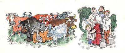 Чижиков В.А. Коровы. Оригинал книжной иллюстрации к детскому журналу Мурзилка №12. 1970-е гг. 