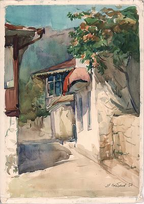 Скобелев М.А. Гурзуф, улочка. 1954 г.. Бумага, акварель. Лист 41,5х29,5 см. Подпись художника в 