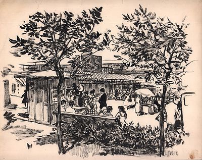 Цельмер В.А. На рынке у магазина "Ковры". 1950-е гг. Бумага, тушь. Лист 29,5х36,6 см. Небольшие 