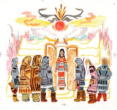 Брей А.А. Солнцева дочь. Оригинал иллюстрации к книге "У кого рога больше" Москва, Малыш, - 