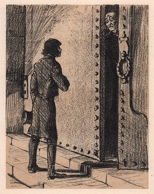 Зусман Л.П.. В дверях. Иллюстрация к роману Стендаля &laquo;Красное и черное&raquo;. Москва, Издательство 