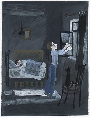 Дмитриева Г.С. У окна. Вариант иллюстрации к книге Л. Квитко "Лемеле хозяйничает". М. : Дет. 