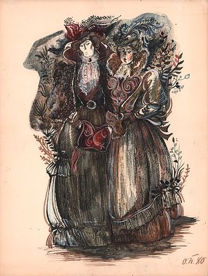 Пустовалова О.Н. Две дамы в платьях в талию. Эскиз костюмов к фильму "Три года" по одноименной 