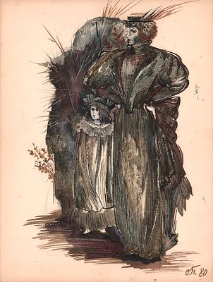 Пустовалова О.Н. Дама и девочка. Эскиз костюмов к фильму "Три года" по одноименной повести А.П. 