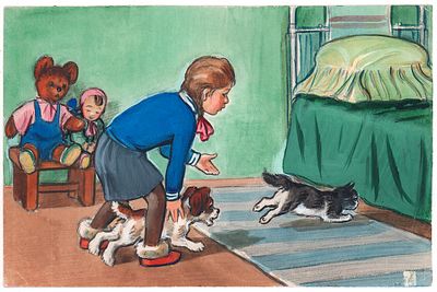 Брей А.А. Девочка, котенок и собачка. Оригинал иллюстрации к кадру из диафильма. 1950-е гг. 