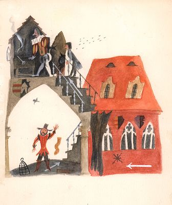 Монин Е.Г. По лестнице. Иллюстрация для детского журнала "Мурзилка". №11, 1980 г. Бумага, тушь 