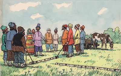 Семенов И.М. Сколько надо, отрубите. Оригинал иллюстрации к кадру для диафильма "Семь Агафонов 