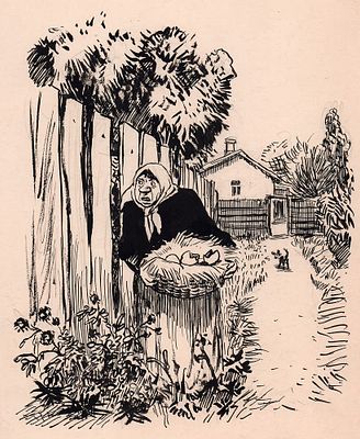 Семенов И.М. У забора. Оригинал иллюстрации к рассказу "Богатая невеста" для книги из 