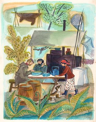 Давыдова О.А. За столом… Оригинал иллюстрации к книге Ю. Могутина "Берег бродячих камешков" 