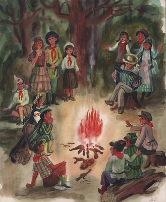 Винокур В.И. Пионерский костер. 1970-80-е гг. Бумага, акварель. Лист 38х31 см. Подпись 