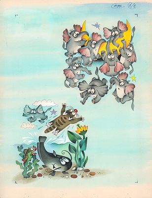 Князькова Н.В. Слоны на луне. Иллюстрация к детскому журналу "Трамвай". №11. Бумага, акварель. 