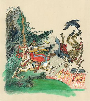 Петров М.Ф. Погоня. Оригинал книжной иллюстрации к русской народной сказке. 1998 г. Бумага 