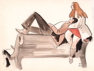 Медведев Е.А. На лавочке. 1982 г. Бумага, акварель. 20,3х26 см. Монограмма художника в правом 