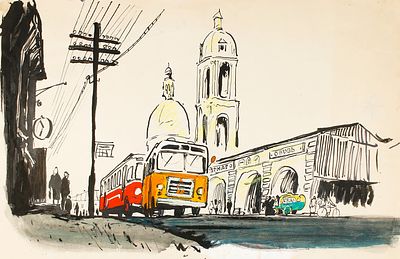 Скобелев М.А. На остановке. 1960-е гг. Бумага, тушь, кисть, гуашь, гуашь. Лист 37,7х62,4 см. На 