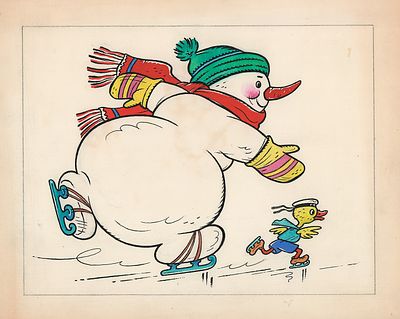 Зотов К.В. Снеговик на катке. Оригинал иллюстрации к книге "На катке", 1960-е гг. Бумага, тушь 