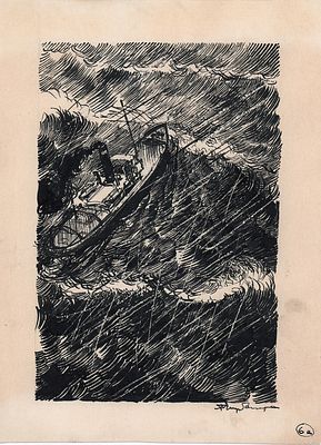 Алякринский. П.А. В шторм. Оригинал иллюстрации к книге Н. Шпанова "Тайна профессора Бураго" 