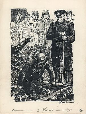 Алякринский. П.А. Погружение. Оригинал иллюстрации к книге Н. Шпанова "Тайна профессора Бураго" 