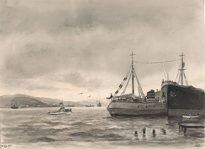 Цельмер В.Д. Ветреный день. Мурманск. 1955 г. Бумага, тушь, акварель. Справа внизу рисунка 