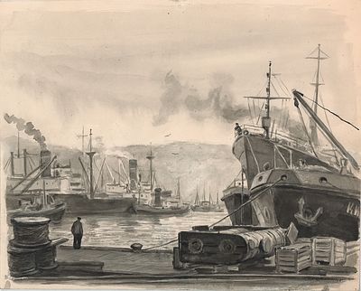 Цельмер В.Д. Порт. Мурманск. 1954 г. Бумага, тушь, черн. акварель. Лист 27,5х33,8 см. Цельмер 