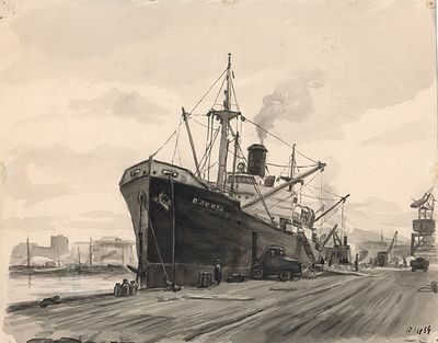 Цельмер В.А. Пароход "Олонец". Мурманск. 1954 г. Бумага, черная акварель. Лист 28х35,5 см. Дата 