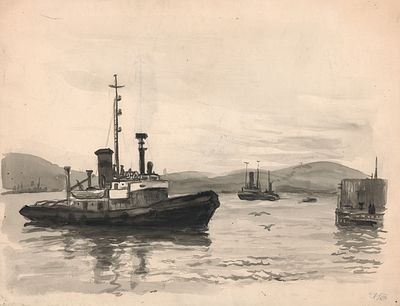 Цельмер В.Д. Корабли и чайки. 1950-е гг. Бумага, тушь, ч. акварель. Лист 28х36 см. Цельмер 