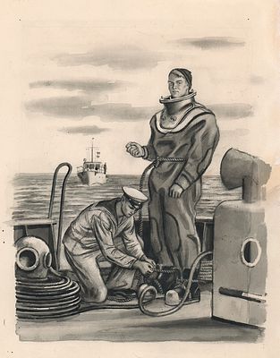 Харкевич И.И. Подгонка снаряжения. Фронтиспис к книге К.Д. Золотовского "Подводные солдаты". 