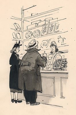 Семенов И.М. В магазине. Оригинал иллюстрации к журналу "Крокодил" №27, 1955 г. Бумага, тушь. 
