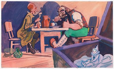 Мешков Е.А. Перед очагом ужинали Карабас-Барабас и его друг Дуремар. Оригинал иллюстрации к 