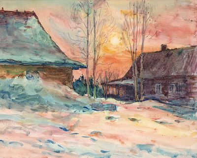 Дейнеко О.К. Морозный закат. 1940-50-е гг. Бумага, акварель. 31,5х39,5 см. На обороте подпись 