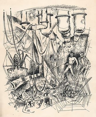 Гуревич Б.А. Встреча с пауками. Вариант иллюстрации к книге А. Толстого "Аэлита" 1977 г. Бумага 