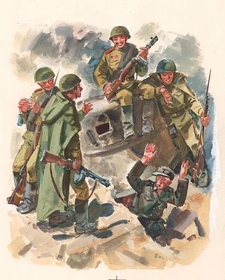 Маркин В.А. С пленными. Оригинал иллюстрации к книге "Песня друзей". Москва, Малыш. 1970-е гг. 