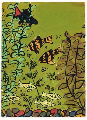 Мастбаум И.Х. Рыбки. Эскиз иллюстрации к детской книге. 1980-е гг. Бумага, гуашь. Лист 23х17 см. 
