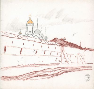 Мешков Е.А. Суздаль. Дорога вдоль стены. 1964 г. Бумага, цв. кар. Лист 28х29 см. Монограмма 